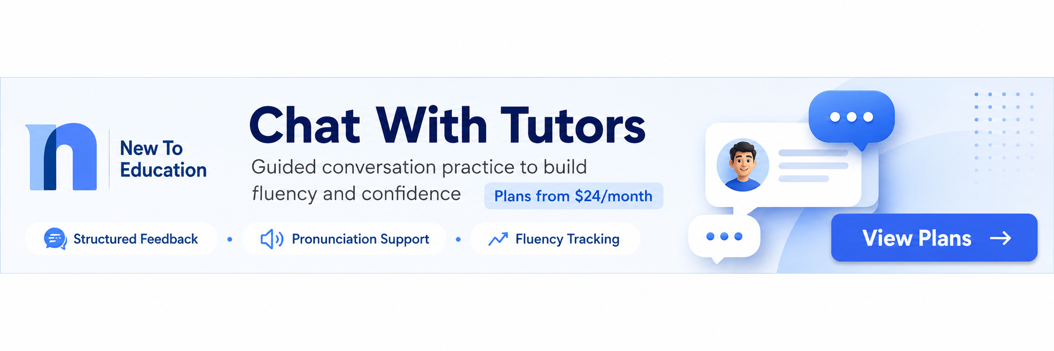 New To Education Chat With Tutors subscription banner advertising flexible monthly conversation support, 4, 8, or unlimited chat sessions.